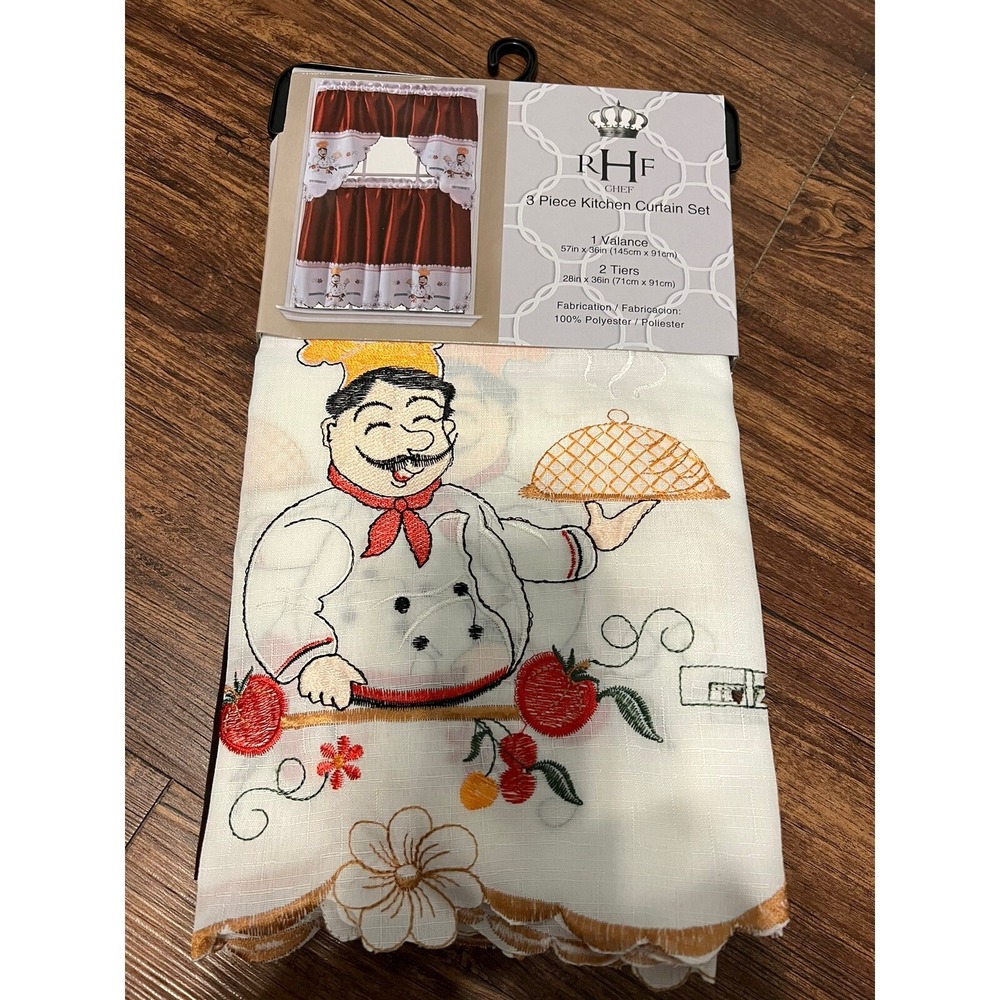 R H F Chef 3 Peace Embroidery Kitchen Curtain Set 1 Valance 2 Tiers New